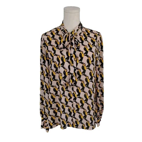 Avec Les Filles Novelty Bird Print Toucan Bow Button Up Long Sleeve Top Medium - Picture 1 of 3